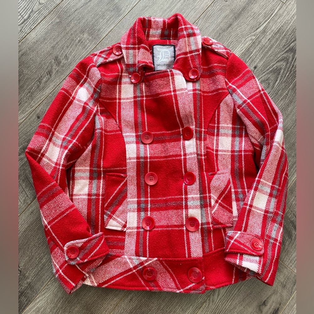 3/$30 Dollhouse red and white plaid button up winter peacoat wool blend
